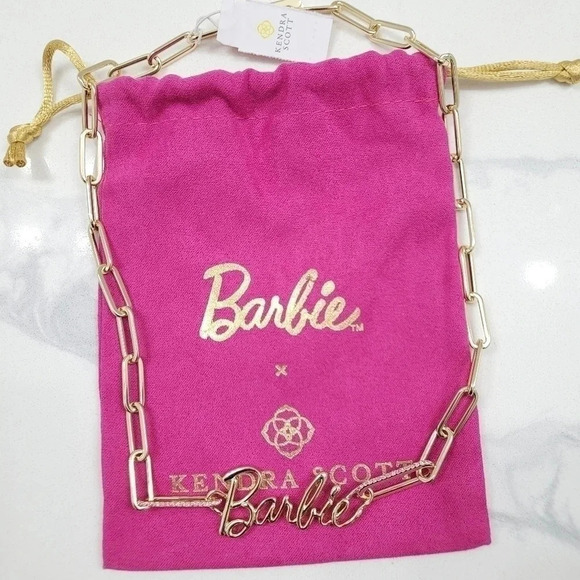 NWT Barbie x Kendra Scott Gold Link and Chain Necklace in Pink Crystal - Picture 1 of 4